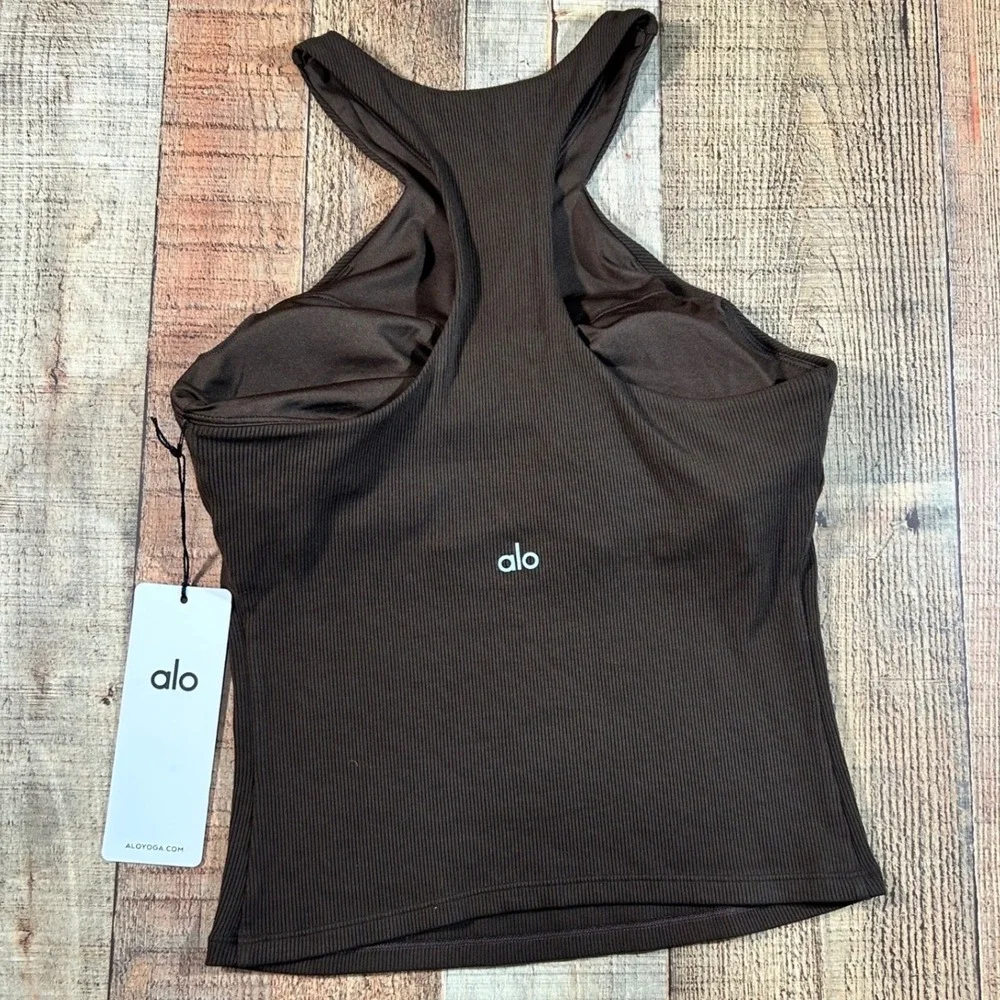 Alo Yoga Espresso Brown Ribbed Mesmerize Bra Tank Keyhole Halter Top Medium NWT